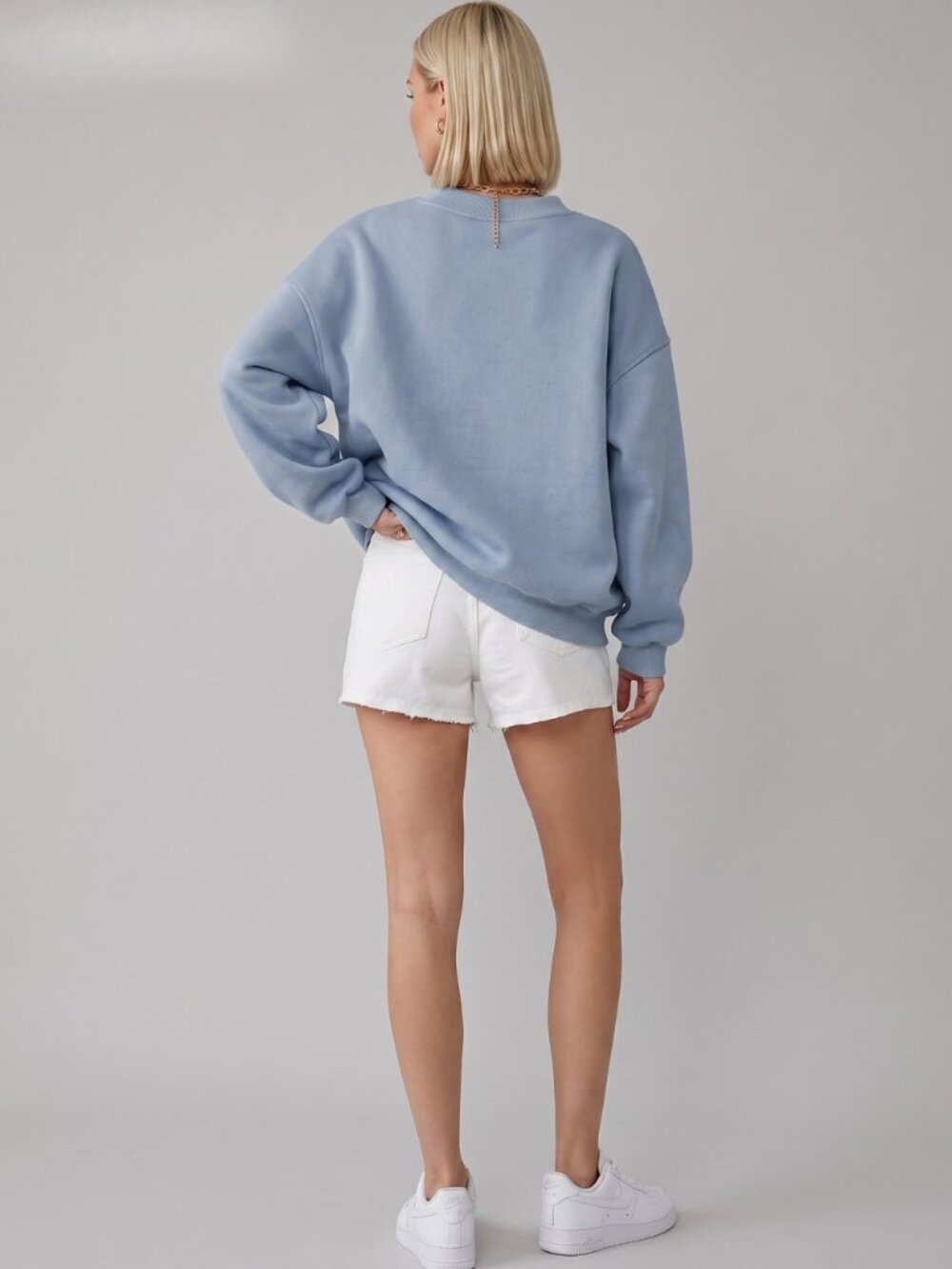Women's Blue Oversized V-Neck Sweatshirt Drop Shoulder Casual Pullover Top - Picture 4 of 4